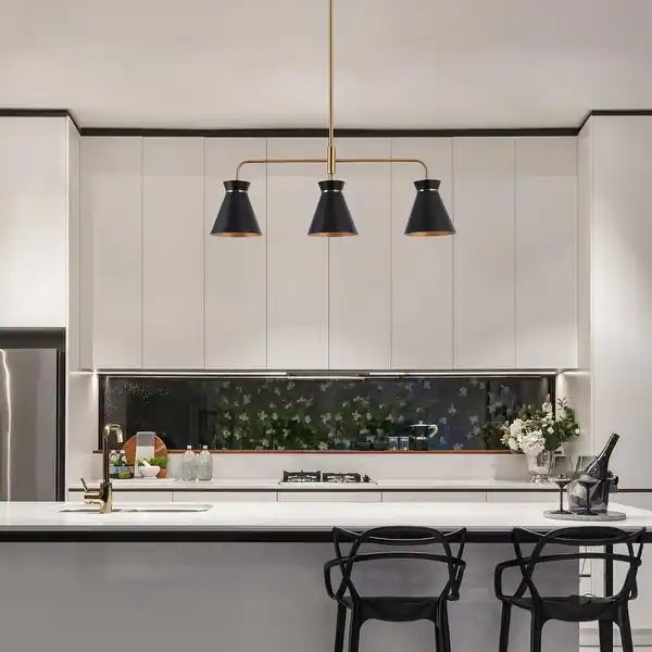 Modern 3-Light Black Gold Linear Chandelier Metal Island Lights for Dining Room - 28" L x 6" W x ... | Bed Bath & Beyond