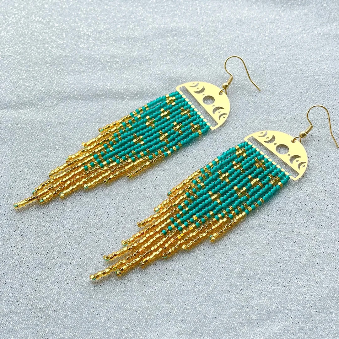 Teal Gold Beaded Earrings Long Fringe Earrings Dangle Seed Bead Earrings Clip on Earrings /ear Ho... | Etsy (US)