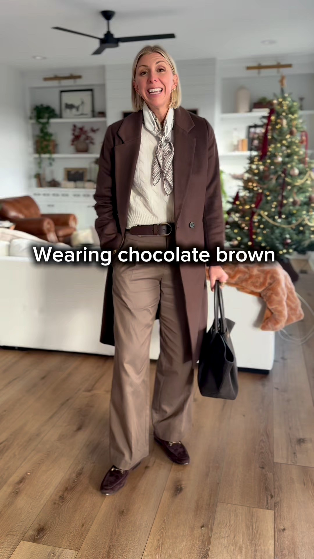 How to wear chocolate brown this winter! Appears so beautifully with cream, taupe, grey or even black. 
These flattering wide leg trousers from Everlane are such a flattering fit- in 5’10” westing my tts 6 tall. 

#LTKOver40 #LTKStyleTip #LTKHoliday