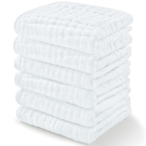 Comfy Cubs Muslin Baby Washcloths 6 Pack - Soft 6-Layer Cotton Wash Cloths for Sensitive Skin - 10"x10" Large, Gentle, Absorbent Infant Essentials for Newborn and Toddlers - (White) | Amazon (US)