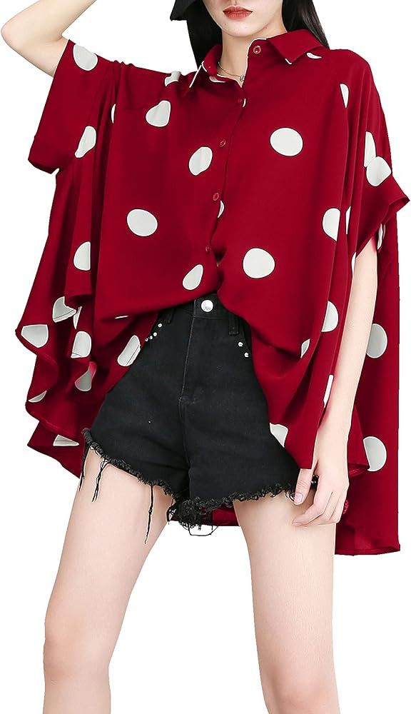 ellazhu Women's Batwing Sleeve Polka Dot Printed Button Down Blouse Oversized Shirt Top for Summe... | Amazon (US)