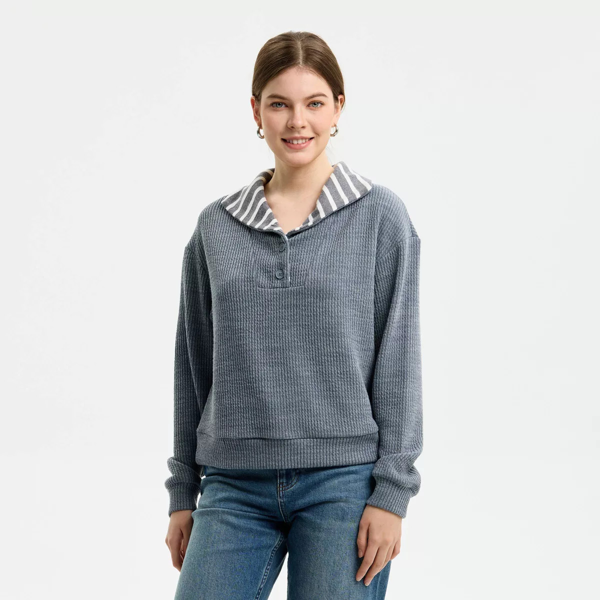 Women's Long Sleeve Button-Down Collar Knit Top - Universal Thread™ Dark Gray XXL | Target