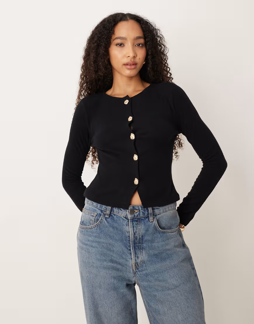 ASOS DESIGN supersoft neat fit cardigan with gold button detail in black | ASOS (Global)