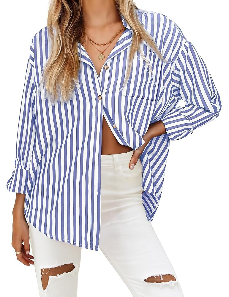 HOTOUCH Camisas a rayas con botones para mujer, estilo casual, de manga larga, estilo novio, con ... | Amazon (US)