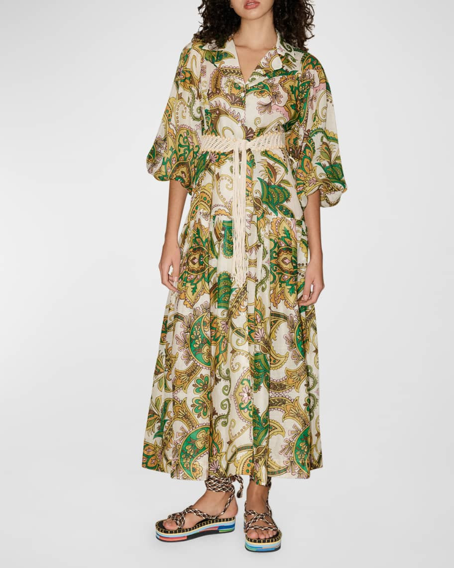 Octavia V-Neck Belted Paisley Midi Shirtdress | Neiman Marcus