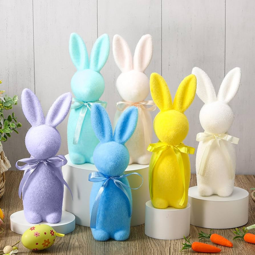 Wesiti 6 Pcs Easter Decorations Flocked Bunny Figurines with Bow Tie 8.8" Flocking Rabbit Tableto... | Amazon (US)