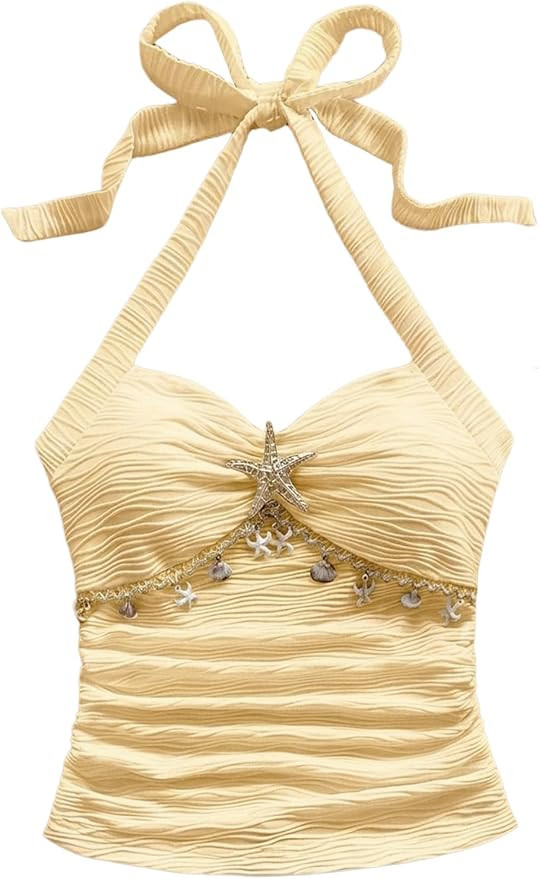 SOLY HUX Women's V Neck Halter Tops Open Back Y2k Ruched Floral Metal Summer Going Out Cami Tops | Amazon (US)