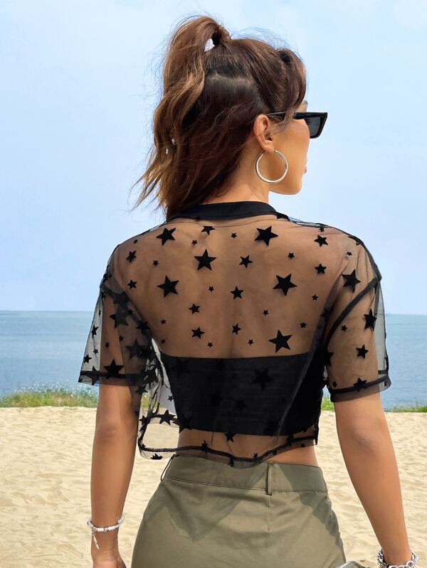 SHEIN EZwear Star Print Sheer Mesh Crop Top Without Tube Top  SKU: sw2302112209512205(100+ Review... | SHEIN