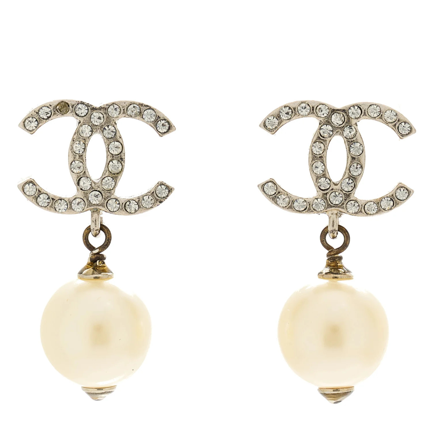 Crystal Pearl CC Drop Earrings Silver | FASHIONPHILE (US)