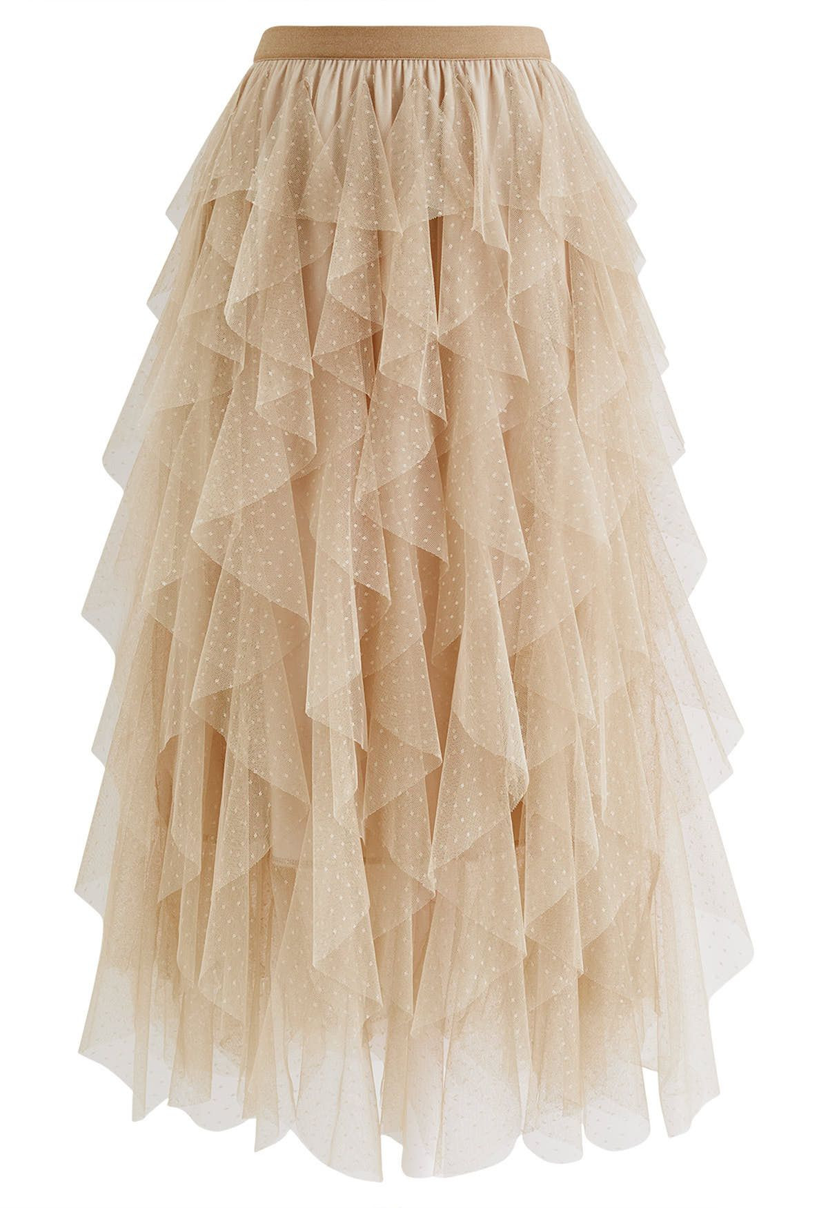 Dots Full Ruffled Tulle Skirt in Light Tan | Chicwish