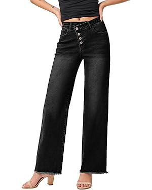 Sidefeel Women's Wide Leg Jeans High Waisted Stretchy Baggy Diagonal Waist Raw Hem Denim Pants | Amazon (US)