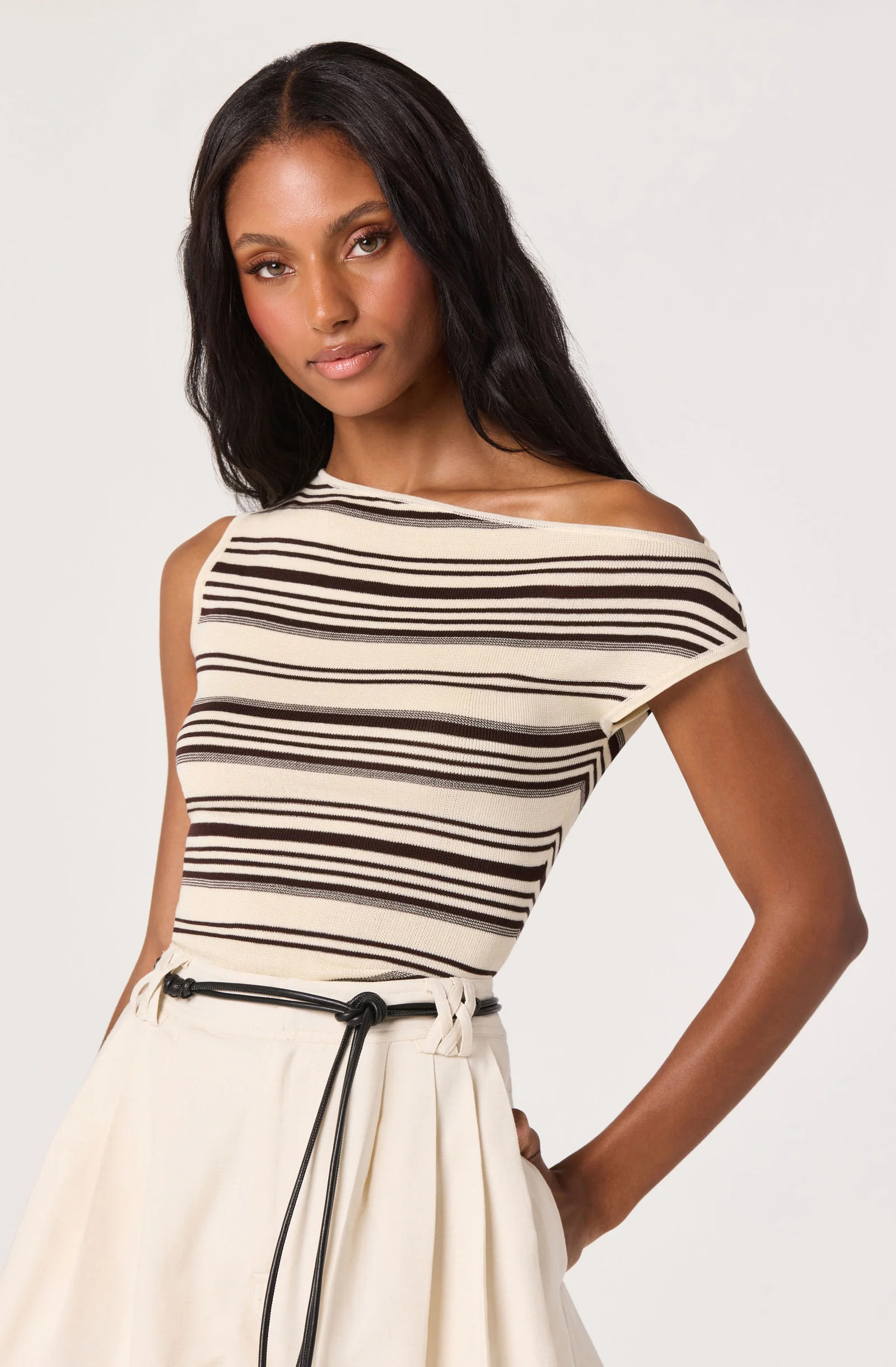 Sofia Off-the-Shoulder Sweater Top - Cream brown stripe / XS | ASTR The Label (US)