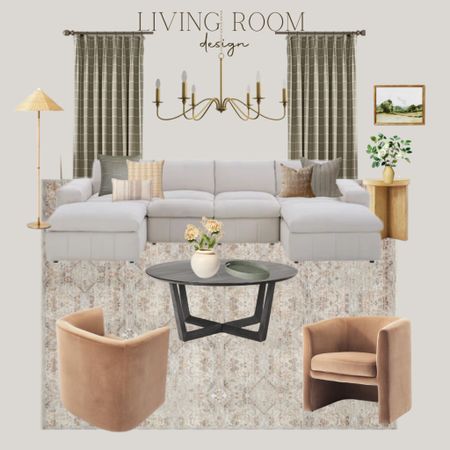 Living room design inspo, plaid curtains, gold chandelier, rattan floor lamp, target home finds, studio mcgee home decor, black round coffee table, cloud couch dupe, throw pillow combinations, wooden side table, accent chairs 

#LTKunder50 #LTKunder100 #LTKhome