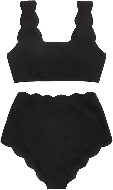 SweatyRocks Women's 2 Pieces Swimsuit High Waist Scalloped Trim Lace Up Bikini Set | Amazon (US)