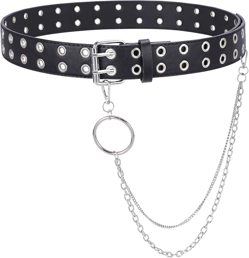 WHIPPY Double Grommet Belt for Women Men PU Leather Double Prong Buckle Vintage Punk Rock Jeans B... | Amazon (US)