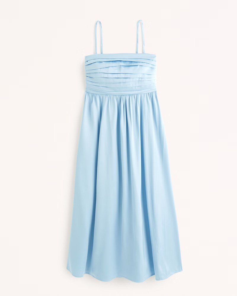Satin Emerson Ruched Strapless Midi Dress | Abercrombie & Fitch (US)