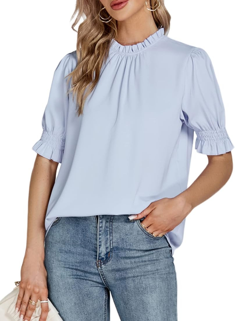 LYANER Women's Frill Mock Neck Pletaed Puff Short Sleeve Chiffon Blouse Shirt Top | Amazon (US)