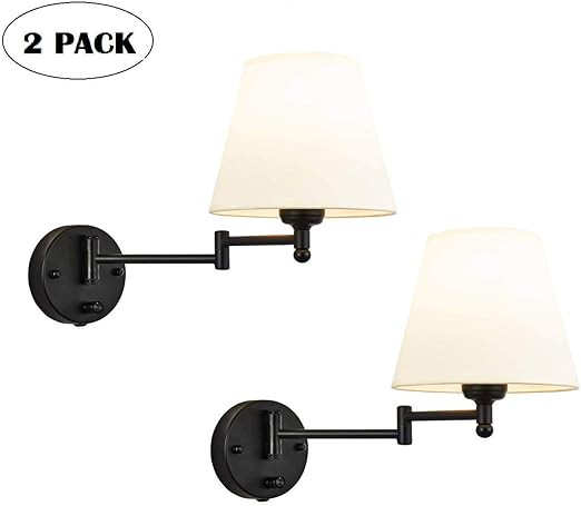 HAITRAL Adjustable Swing Arm Wall Sconces 2 Pack - Bedroom Wall Lamps with White Shade& Black Met... | Amazon (US)