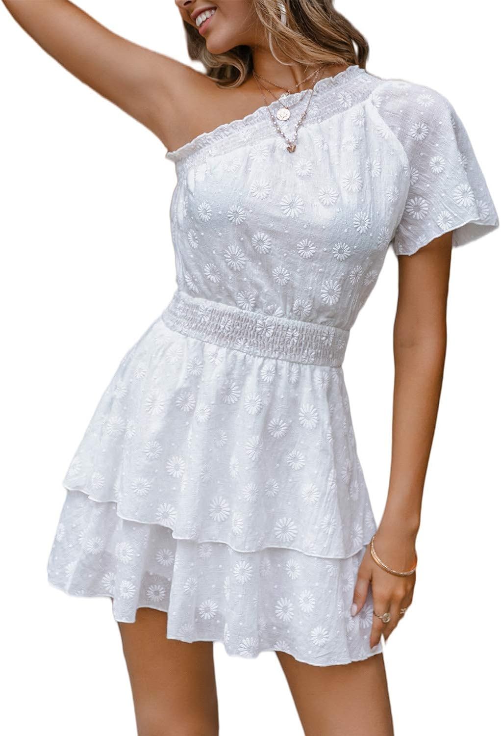 Lenmotte Women's Summer One Shoulder Ruffle Mini Dress Floaral Print A Line Short Dress | Amazon (US)
