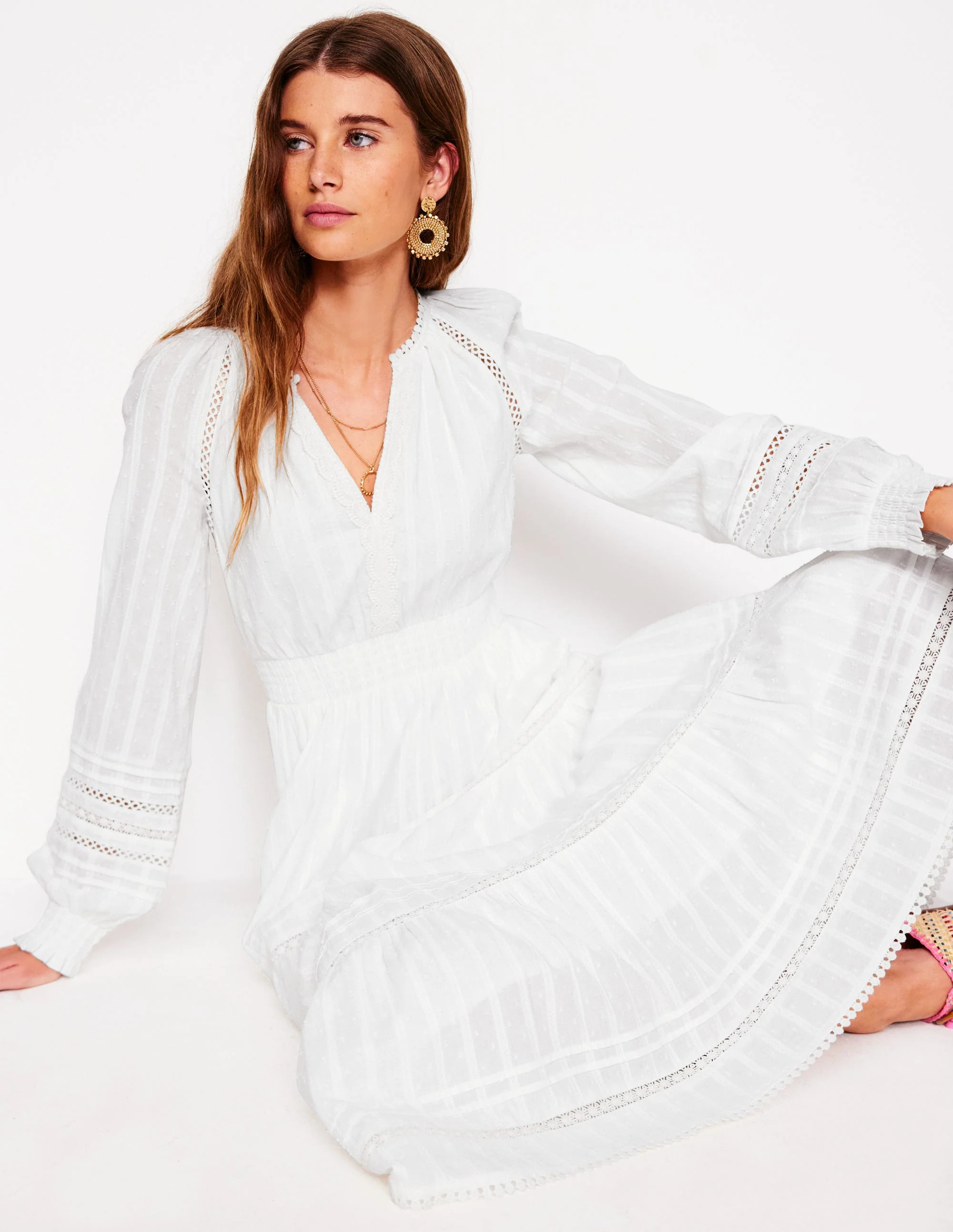 Gesmoktes Baumwollkleid mit Rüschen-Weiß | Boden DE