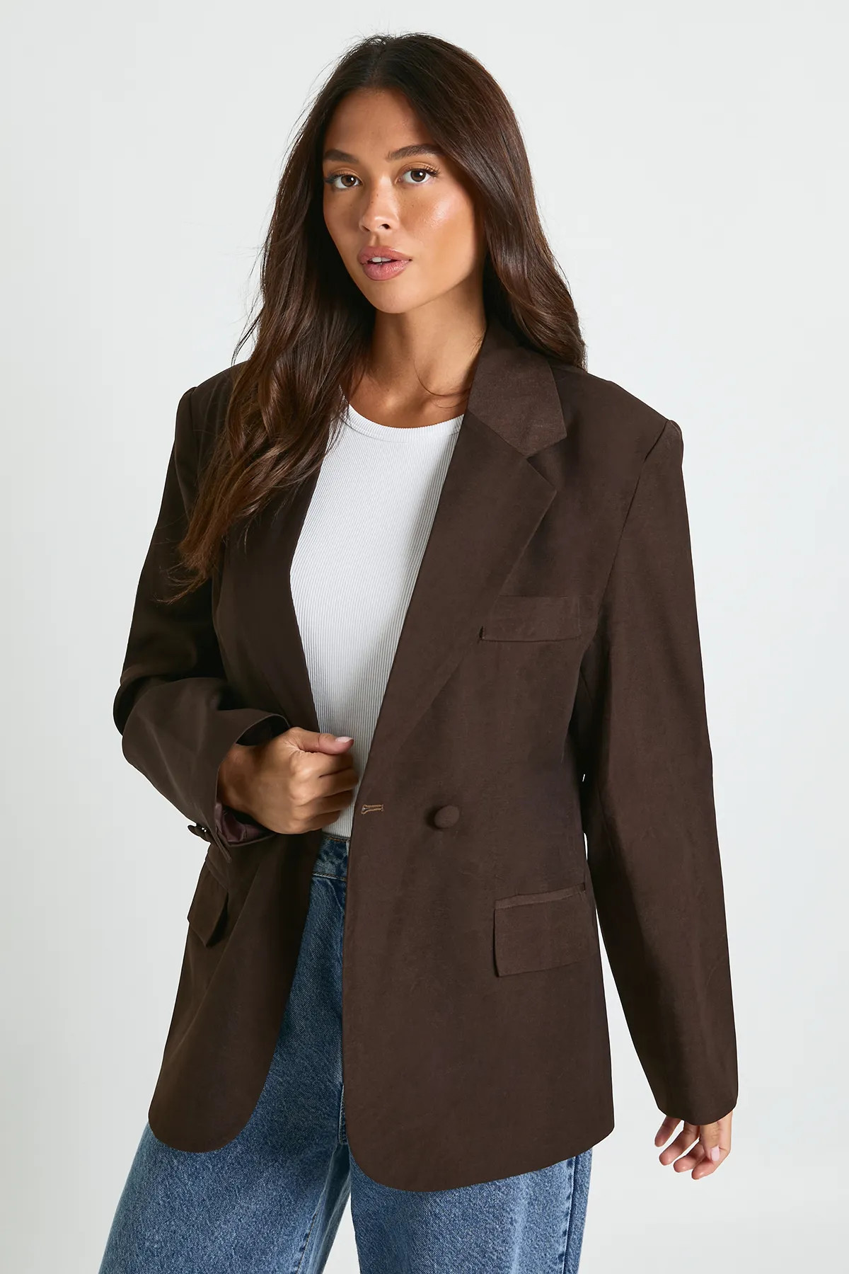 Chocolate Double Breasted Cinched Waist Tailored Blazer | Boohoo | Boohoo.com (UK & IE)