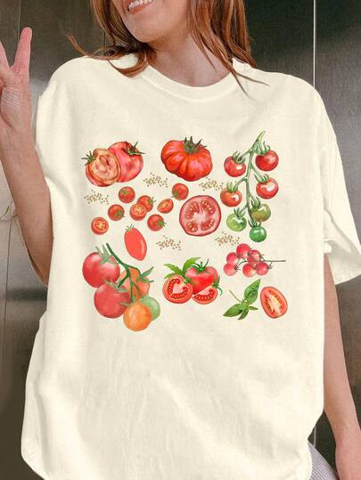 Women's Summer Tomato Pattern Printed Round Neck Short Sleeve Simple Casual Daily T-Shirt Tops, F... | SHEIN