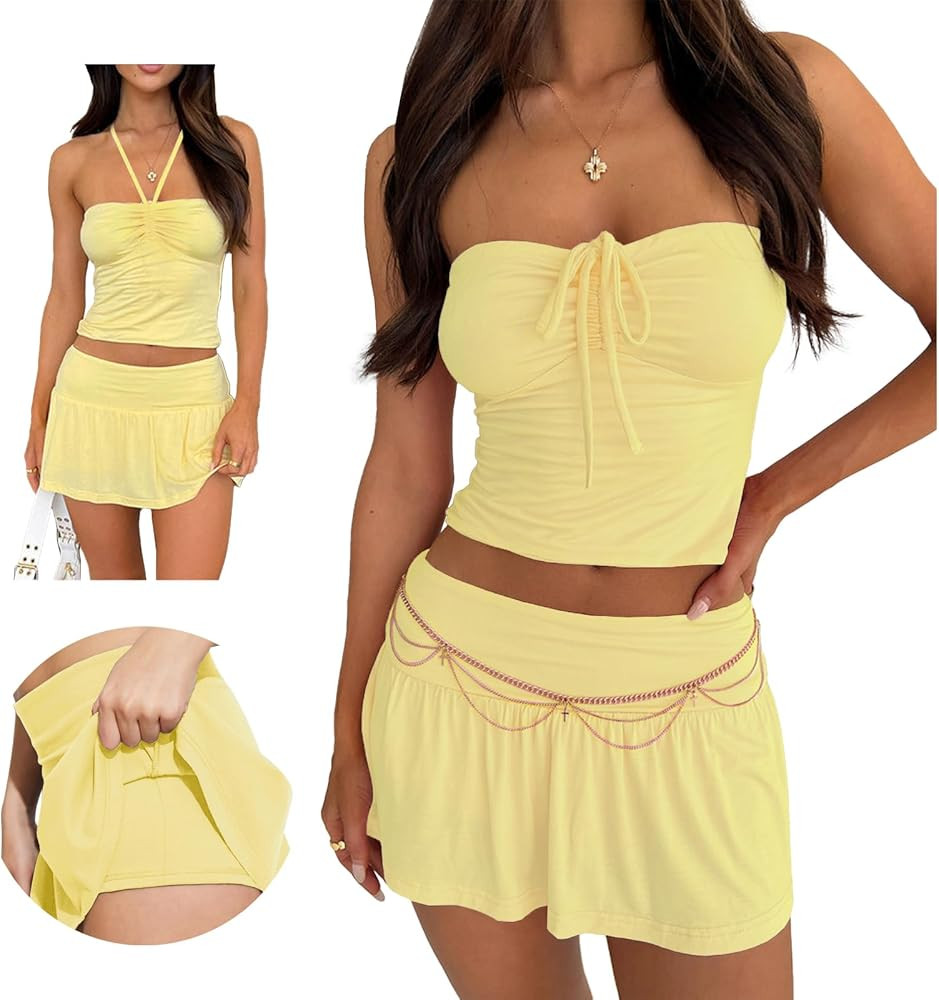 Summer Two Piece Outfits for Women Y2K Going Out Tie Ruched Tube Crop Tops Low Rise Pleated Mini ... | Amazon (US)