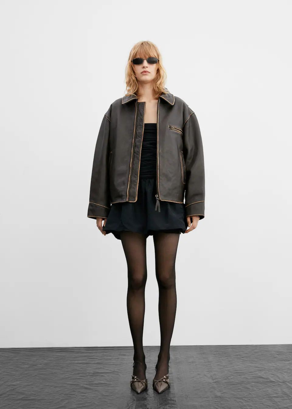 Oversized worn-effect leather jacket | MANGO (US)