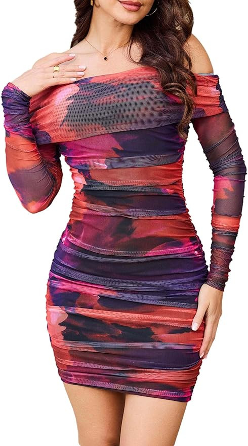 ABMOIU Women's Sexy Off Shoulder Long Sleeve Mini Dress Party Club Ruched Print Bodycon Dresses | Amazon (US)