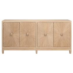 Orion Coastal Beach Brown Mango Wood 4 Door Sunburst Sideboard | Kathy Kuo Home