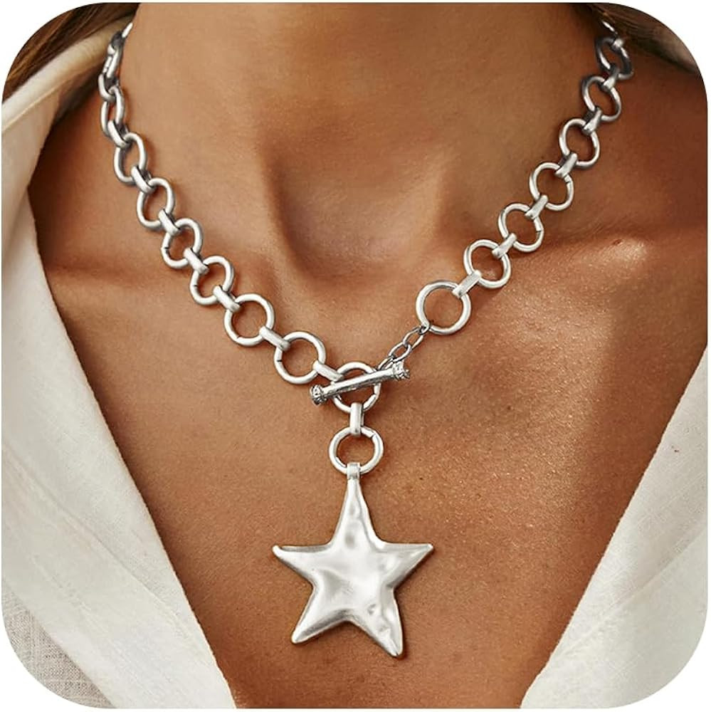 Star Necklace Chunky Gold Statement Necklaces Punk Star Pendant Gold Chain Necklaces for Women Tr... | Amazon (US)