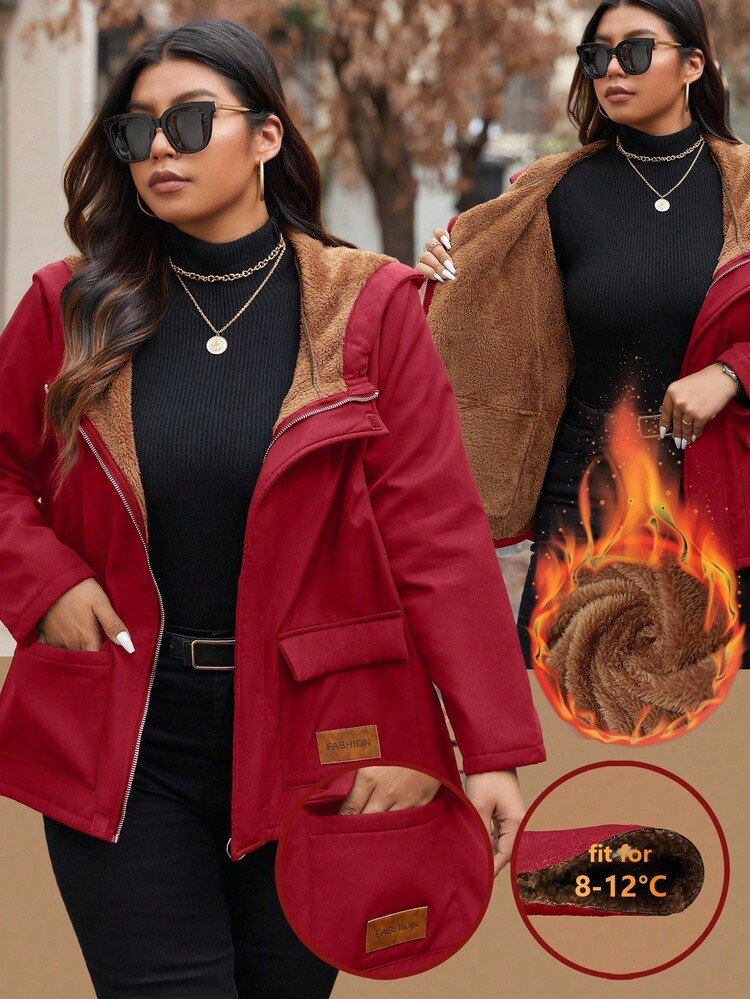 Vionelle Plus Size Women Casual Zip-Up Hooded Fleece Jacket, Autumn/Winter | SHEIN