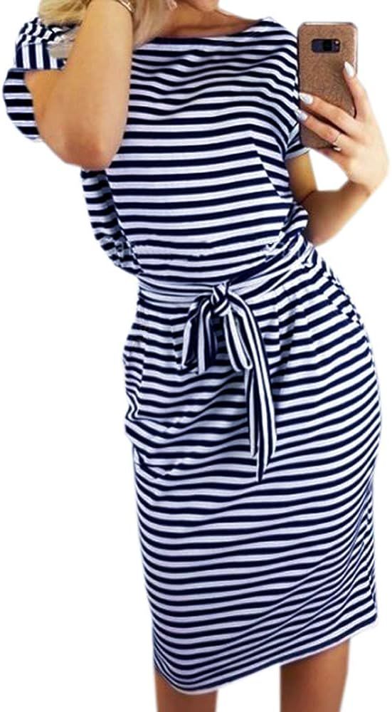 PALINDA Women's Striped Elegant Short Sleeve Wear to Work Casual Pencil Dress with Belt | Amazon (US)