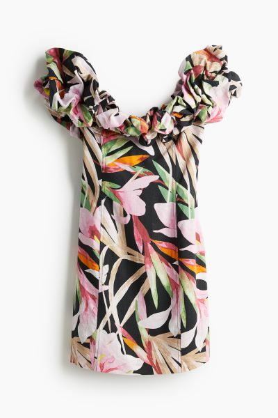 Ruffled Off-the-shoulder Dress - Black/floral - Ladies | H&M US | H&M (US + CA)