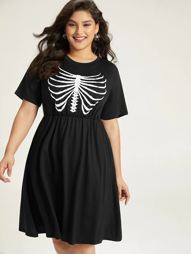 Halloween Skull Print Pocket Elastic Waist Dress | Bloomchic