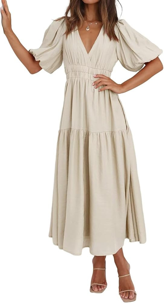 Women’s 2024 Summer Causal Dress Puff Sleeve V Neck A-line Solid Flowy Tiered Midi Dresses | Amazon (US)