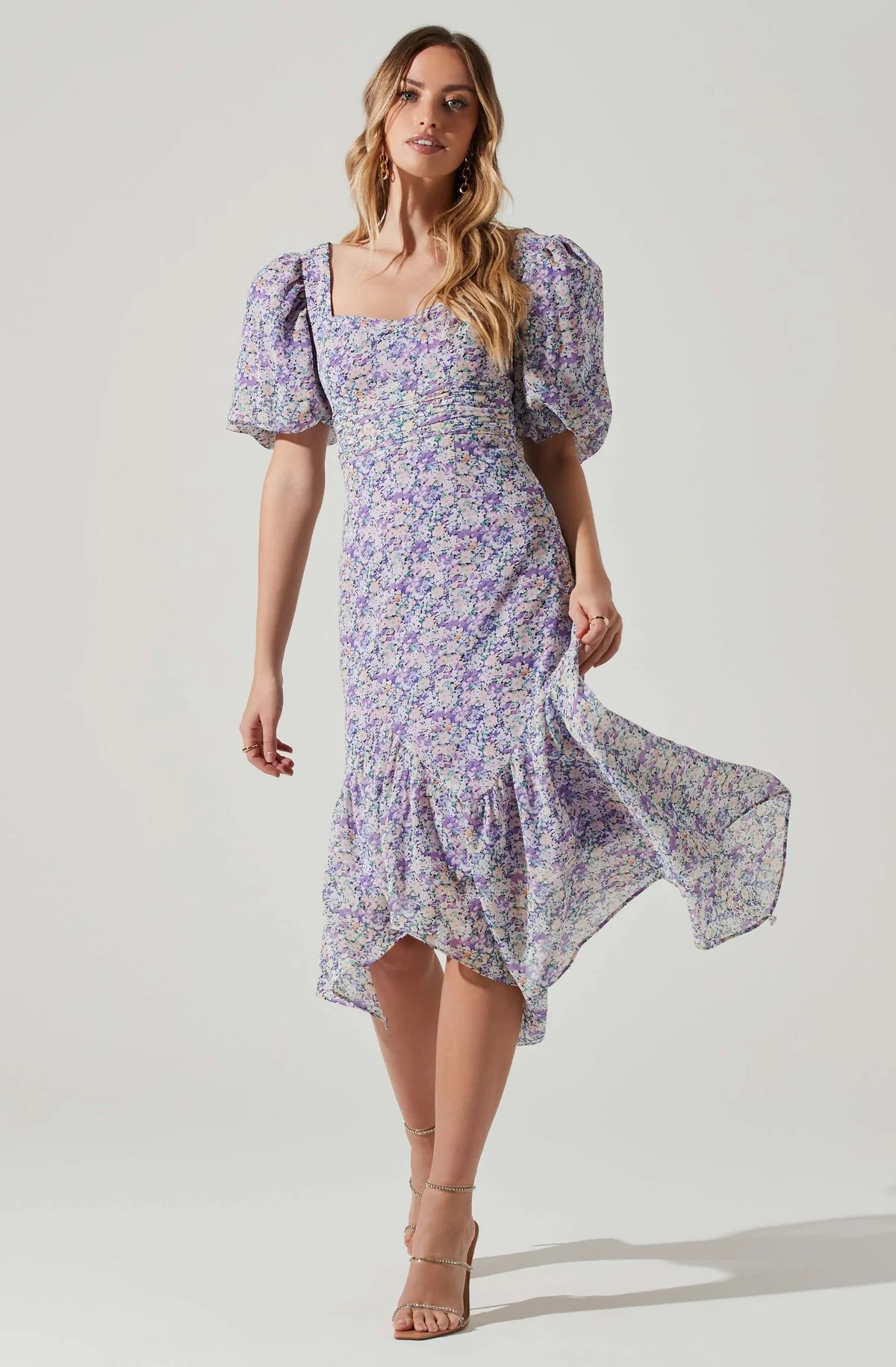 Floral Short Sleeve Asymmetrical Hem Midi Dress | ASTR The Label (US)