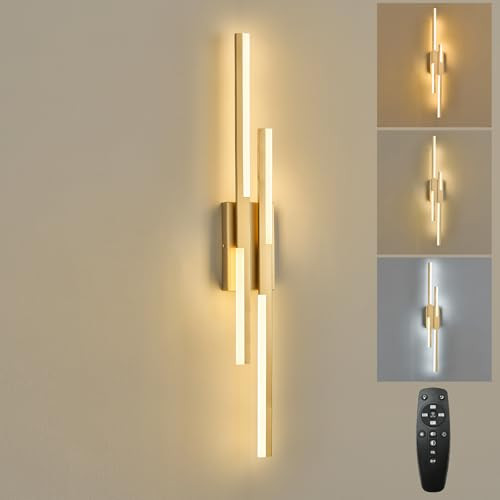 Benkut Modern LED Wall Sconce Gold Remote Wall Light Fixtures for Bathroom, Dimmable Vanity Light Indoor LED Remote Wall Sconce for Living Dining Room Bedside Bedroom (3000-6500K 35.4inch) | Amazon (US)