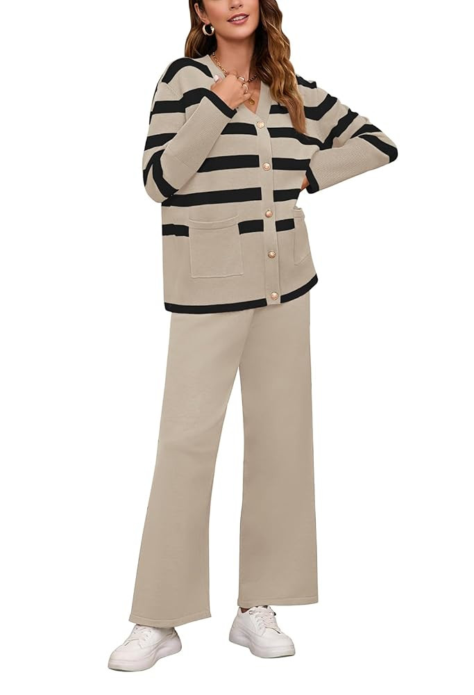 Viottiset Women's 2 Piece Outfits Stripe Sweatsuit Set Long Sleeve Button Sweatshirt Wide Leg Swe... | Amazon (US)