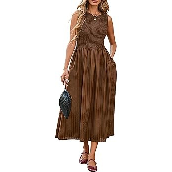 YEXPINE Women's Striped Smocked Sundress Sleeveless Swing A Line Beach Midi Dress with Pockets | Amazon (US)