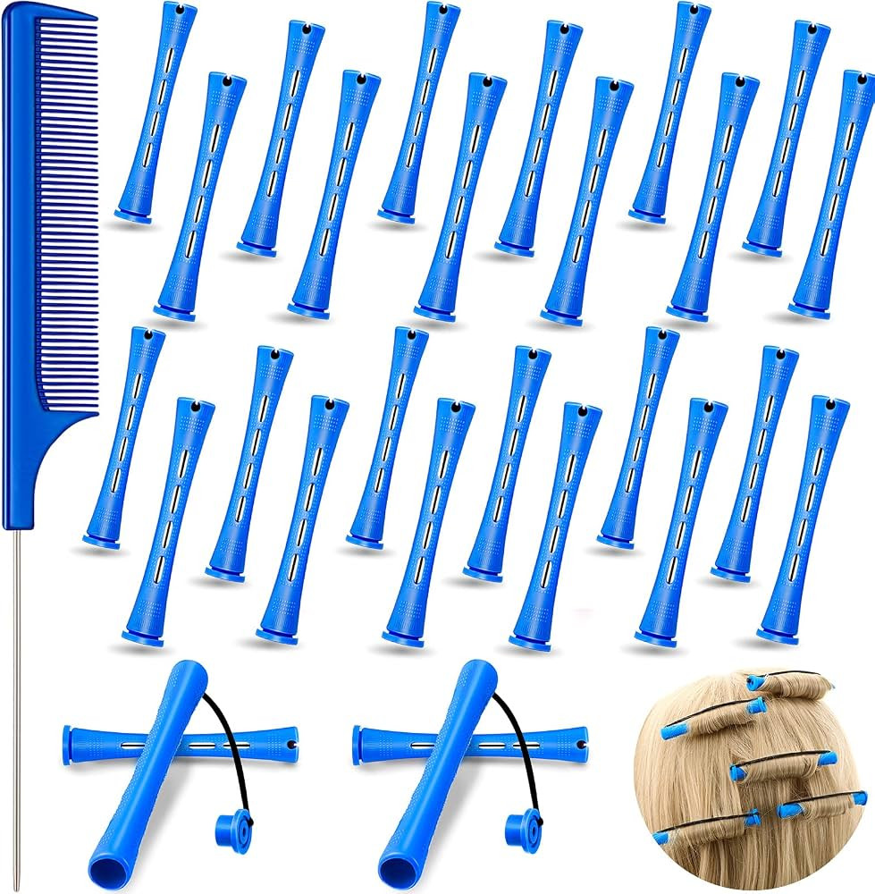 24 Pieces Plastic Hair Perming Rods and Rollers with Steel Pintail Comb for Hairdressing Styling ... | Amazon (US)
