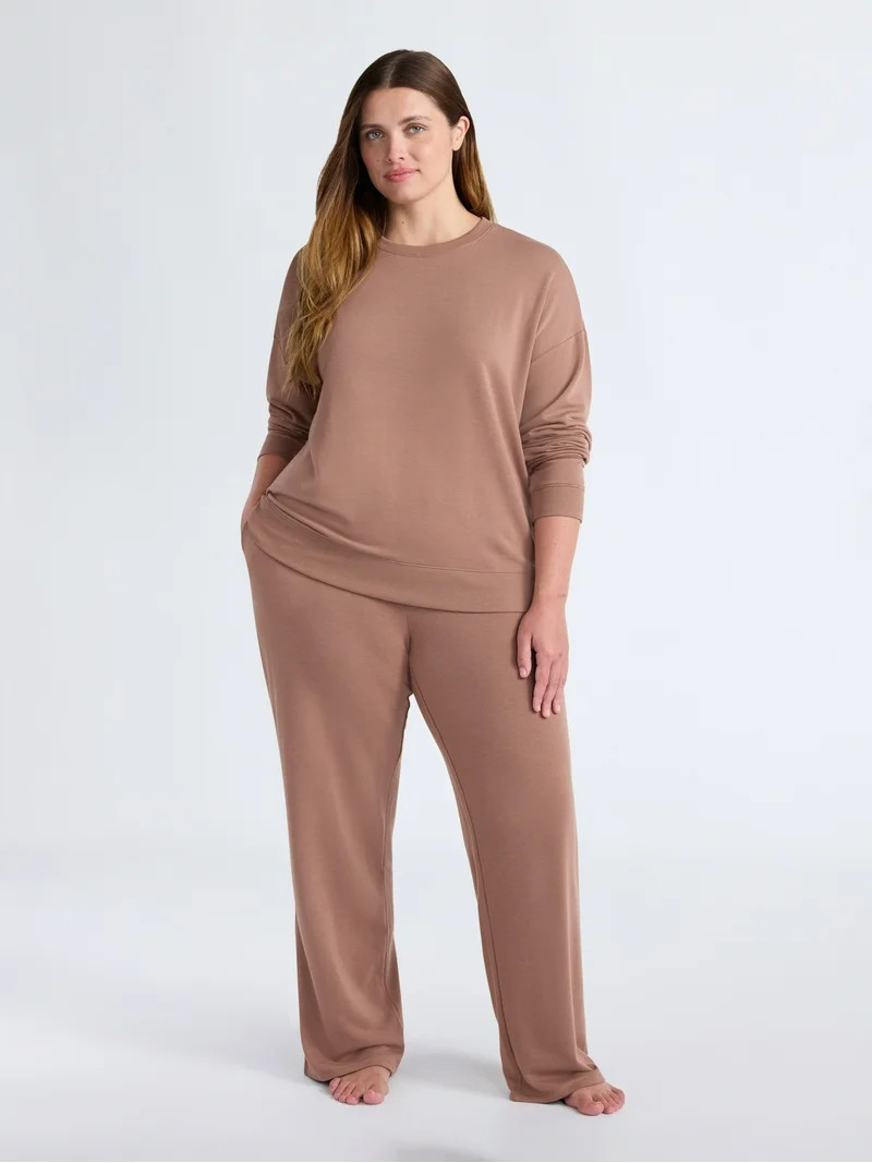 Joyspun Women's Fleece Long Sleeve Top and Straight Leg Pants Lounge Set, 2-Piece, Sizes XS-3X | Walmart (US)