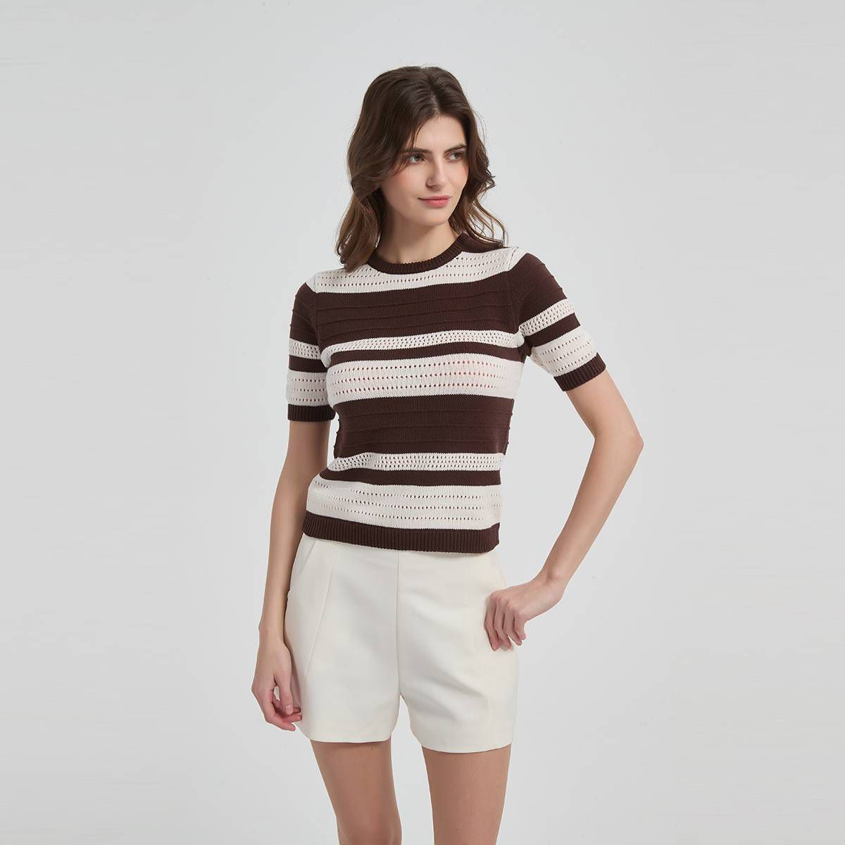 Women's Short Sleeve Pointelle Crewneck Sweater - A New Day™ Brown Striped XS | Target