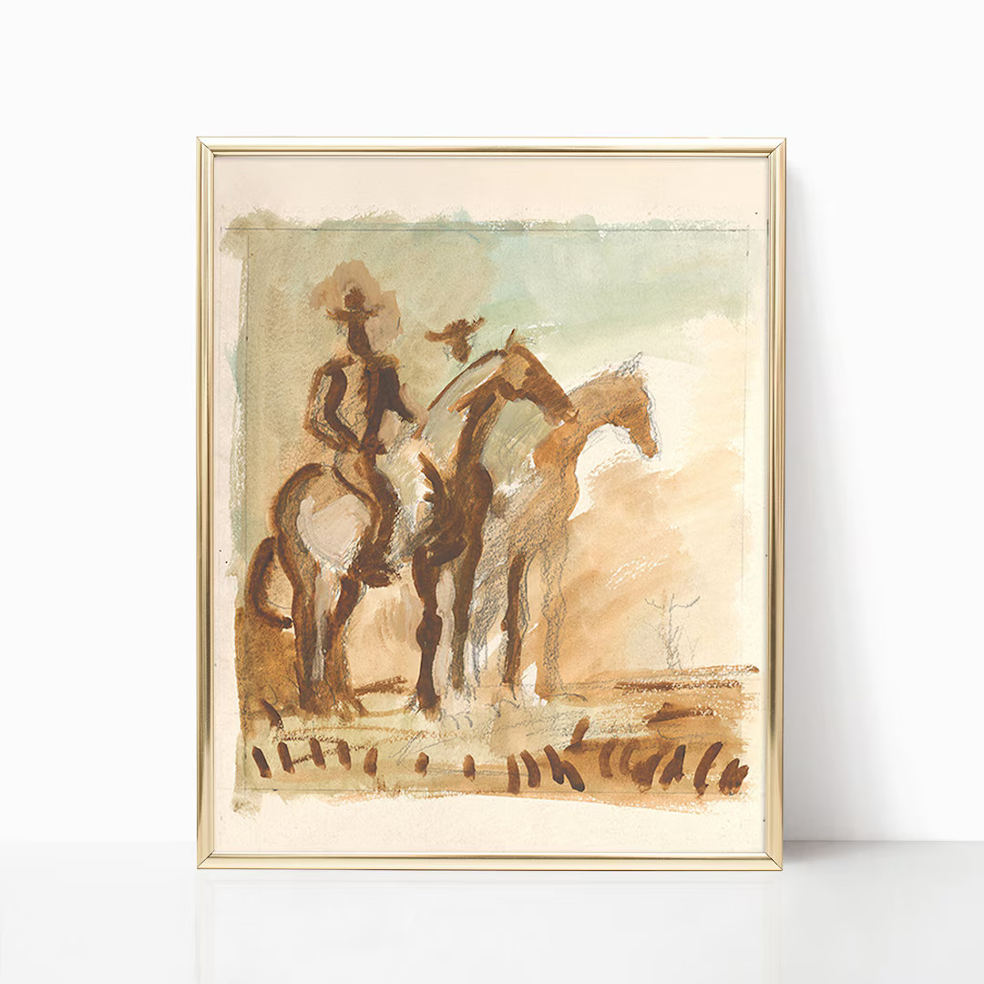 Vintage Cowboys Painting Print Horse Wall Art Canvas Hunting Southwest Sketch Drawing Poster Fram... | Etsy (US)