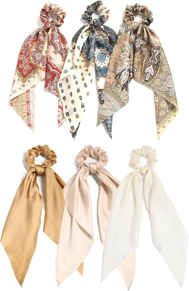 LFOUVRE 6pcs Paisley Solid Color Hair Scarf Scrunchies | Amazon (US)