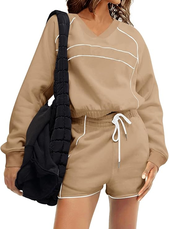 Fisoew Womens Sweatsuits 2 Piece Outfits V Neck Fleece Sweatshirts Contrast High Waisted Shorts C... | Amazon (US)