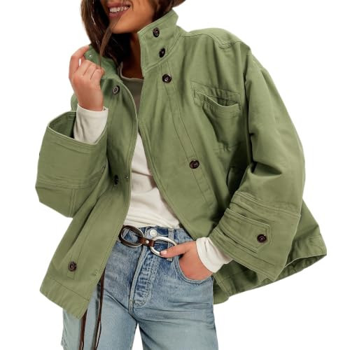 Ainangua Washed Canvas Bomber Jacket Women Oversized Funnel Neck Button Down Jackets Spring Stretch Casual Coat Outdoor(Green,M) | Amazon (US)