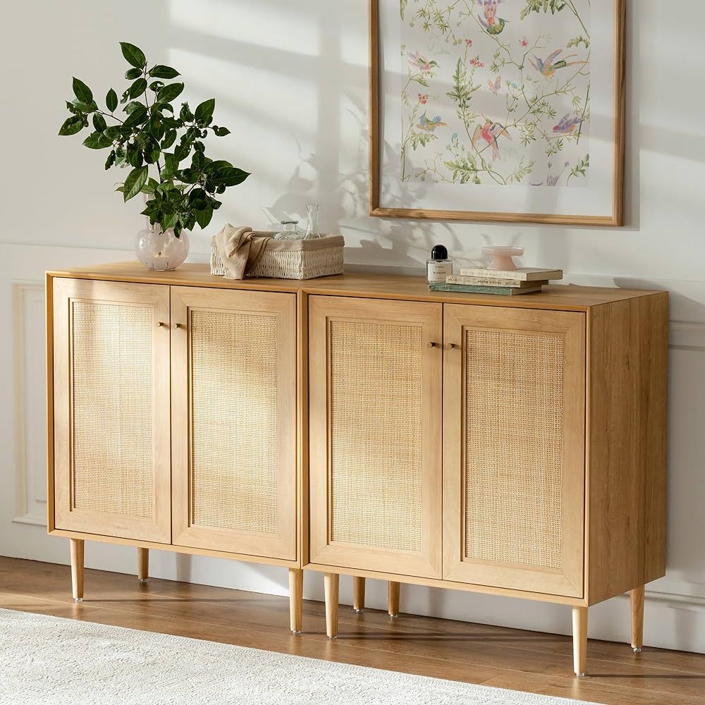 Accent Storage Cabinet Set of 2 Sideboard with Rattan Doors, Boho Buffet Kitchen Bar Cabinet Farm... | Amazon (US)