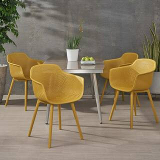Noble House Lotus Yellow Curved Faux Rattan Outdoor Patio Dining Chair (4-Pack) 82312 - The Home ... | The Home Depot