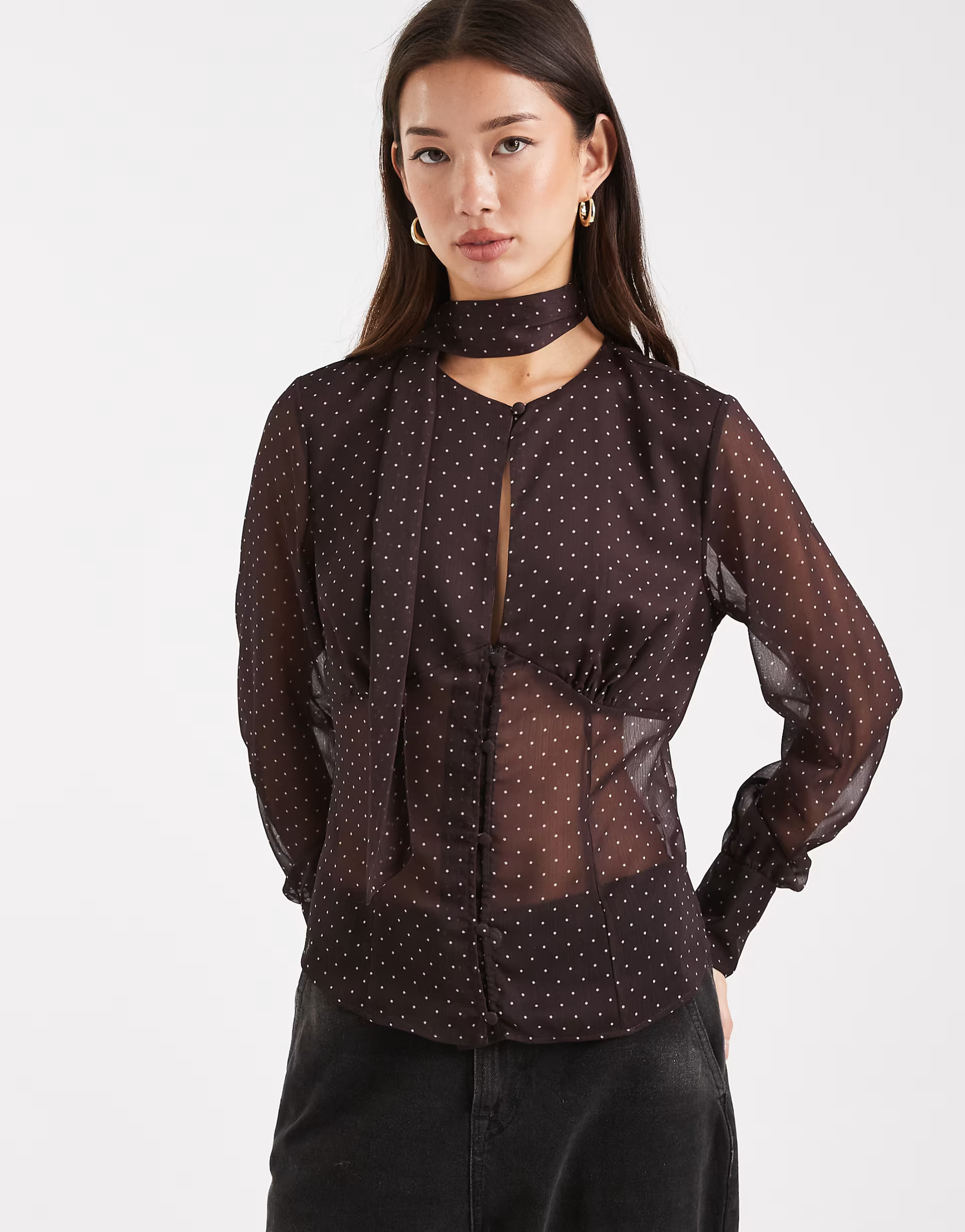Miss Selfridge chiffon button up scarf blouse in chocolate polka dots | ASOS (Global)